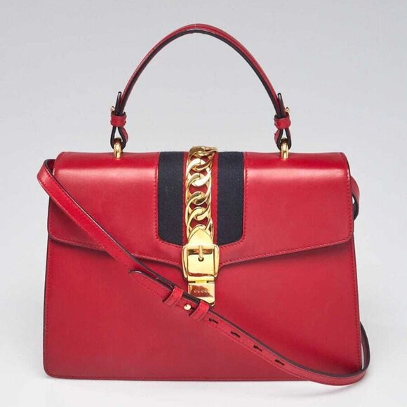 Gucci Red Leather Calfskin Leather Vintage Web Medium Sylvie Shoulder Bag - Picture 1 of 10